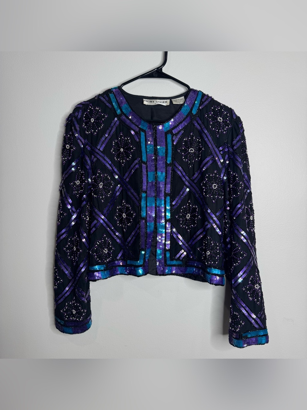 Vintage Night Vogue Sequin Beaded Crop Length Evening Jacket Black Purple Large